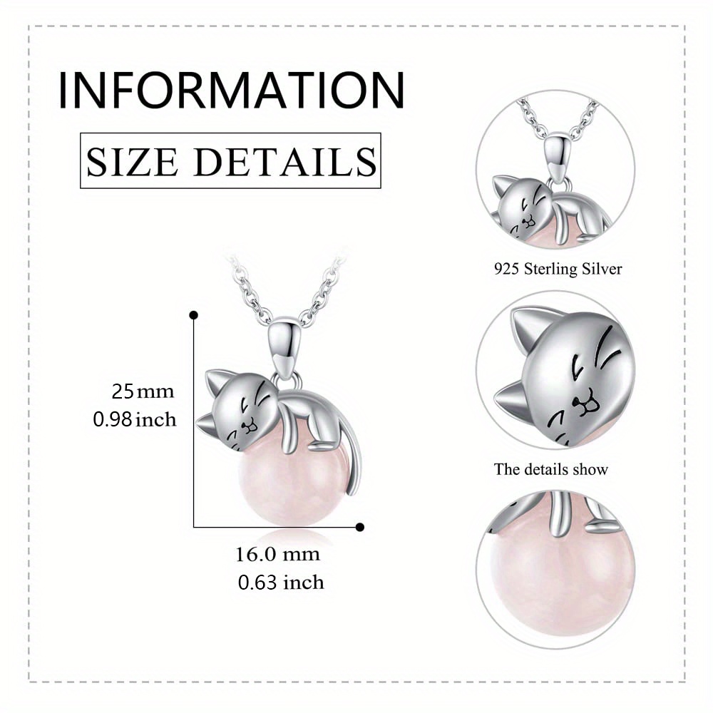Women's 925 Sterling Silver Cat Necklace with Simulated Rose Quartz